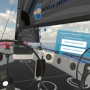 Virtual sailing simulator cockpit with MarineVerse Cup interface on screen, offering introduction and module options.