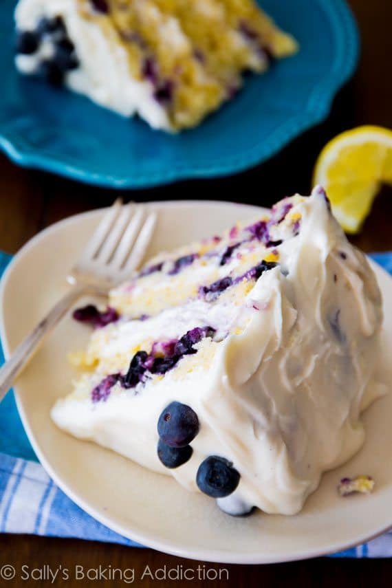 slice of lemon blueberry cake on a plate