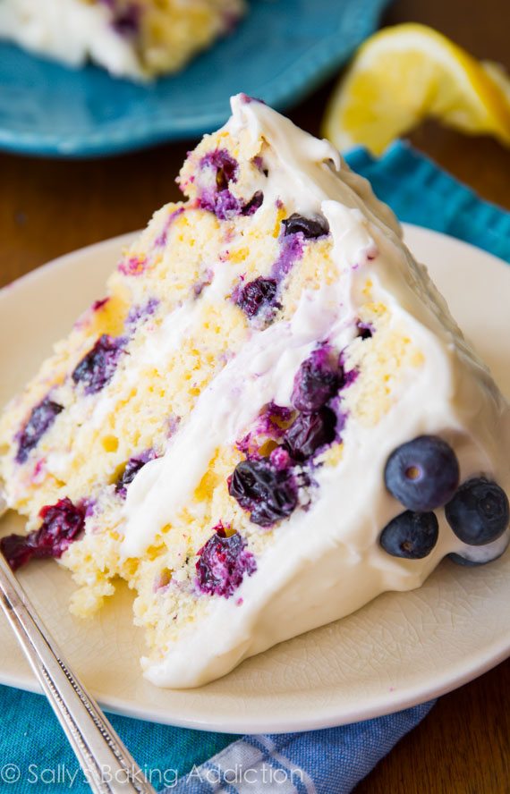 slice of lemon blueberry cake on a plate