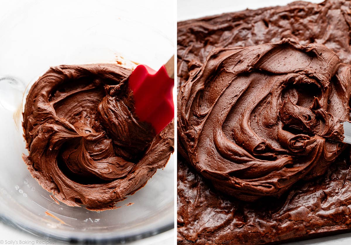 frosting in glass bowl and shown again on baked brownies.