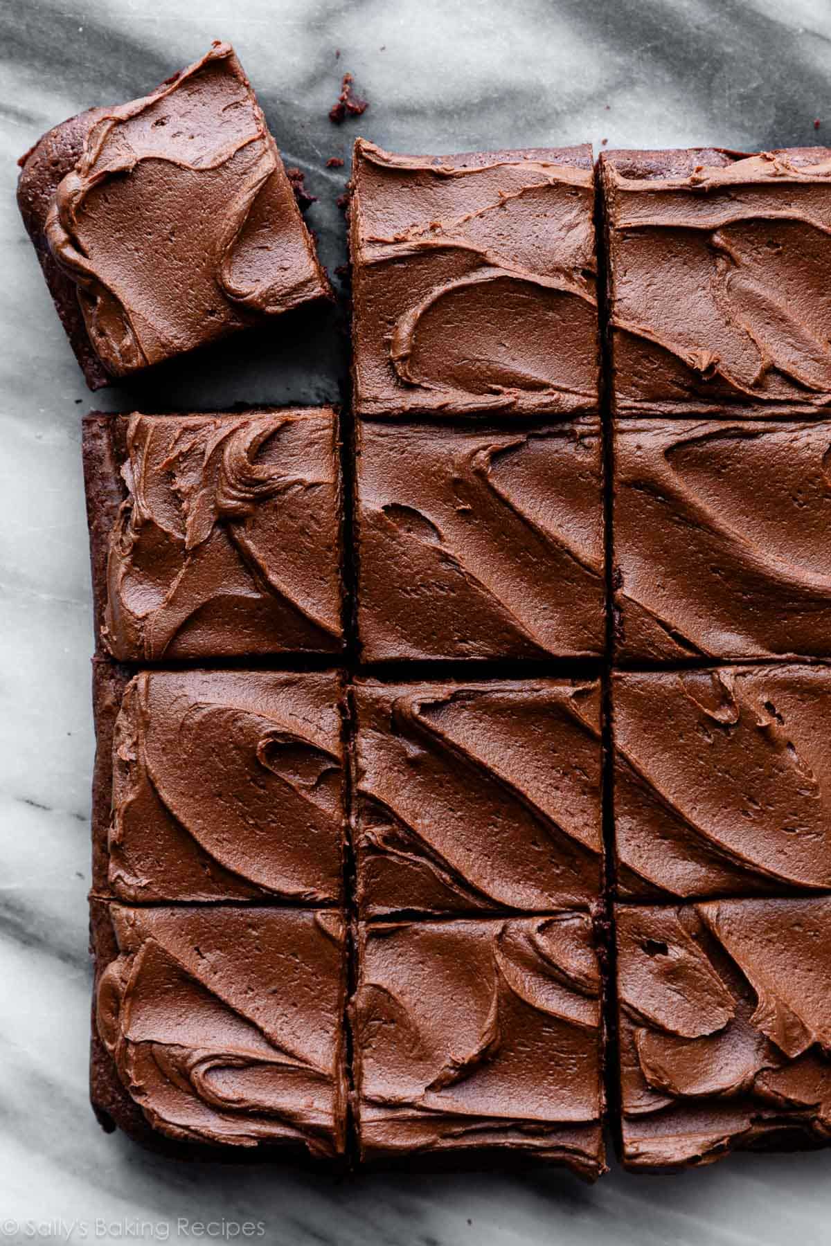 overhead photo of chocolate frosted brownies cut into squares.