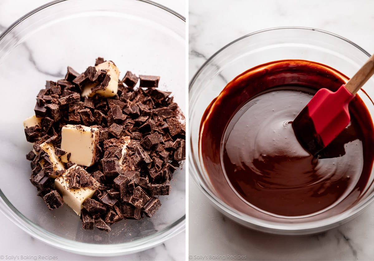 chocolate and butter in glass bowl and shown again after melting together.