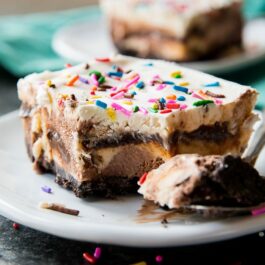 slice of ice cream cake on a white plate with a fork