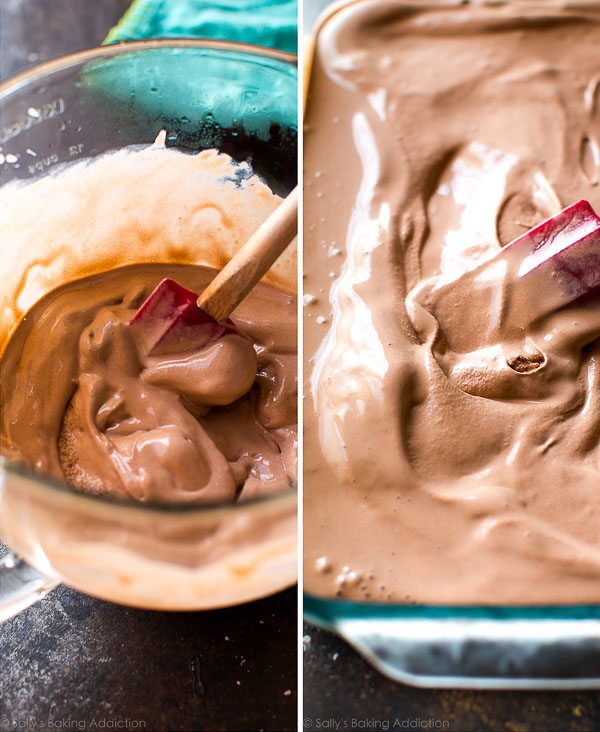 2 images of softened chocolate ice cream in a glass bowl and spreading chocolate ice cream into glass baking dish