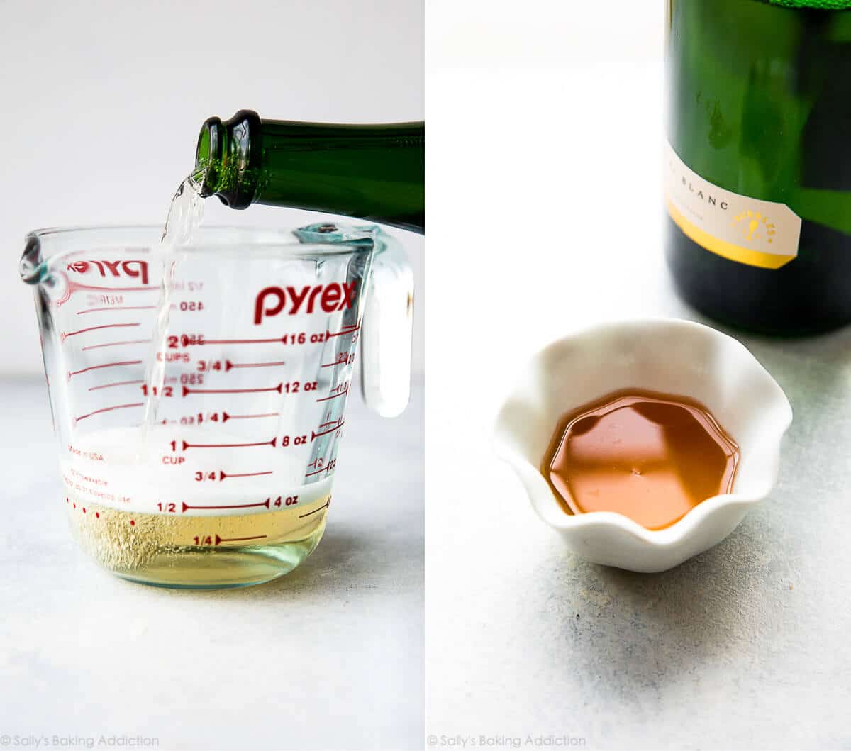 2 images of champagne in glass measuring cup and champagne reduction in white bowl