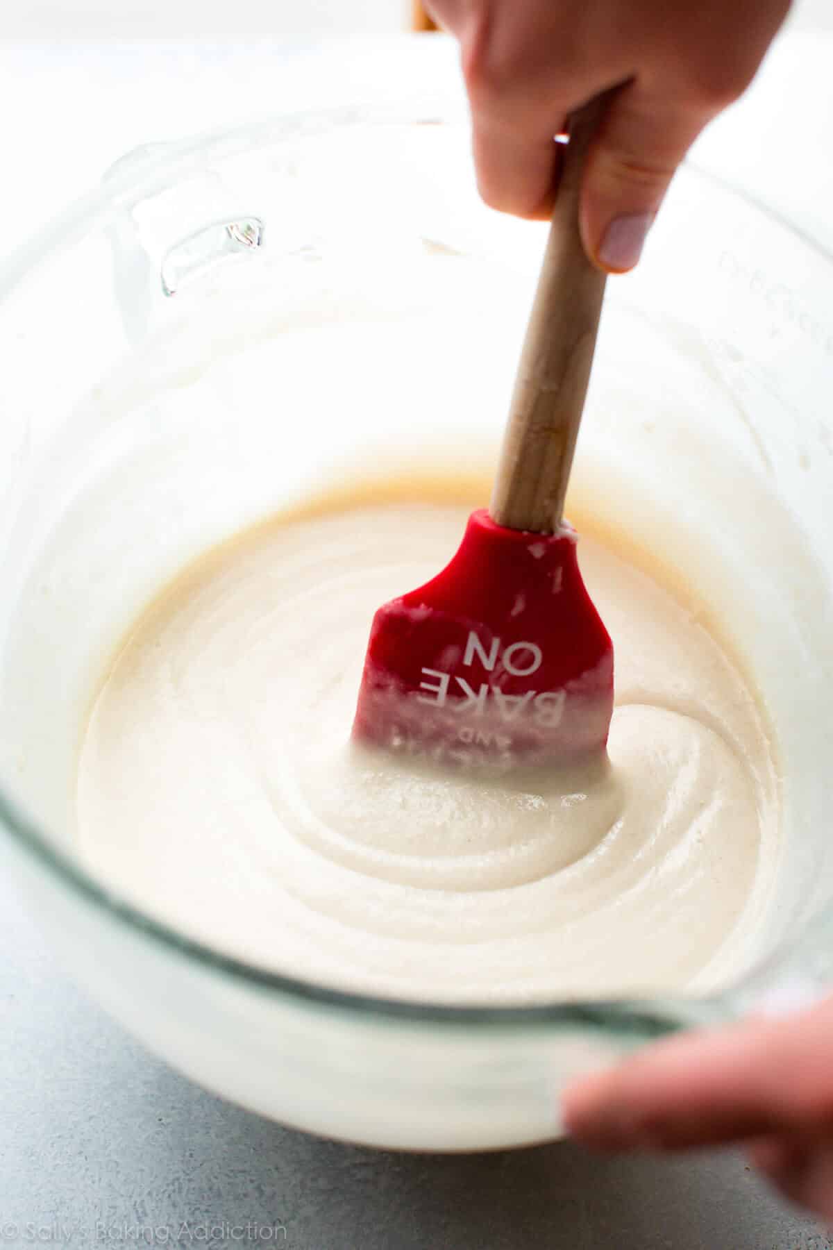 vanilla wedding cupcake batter in glass bowl