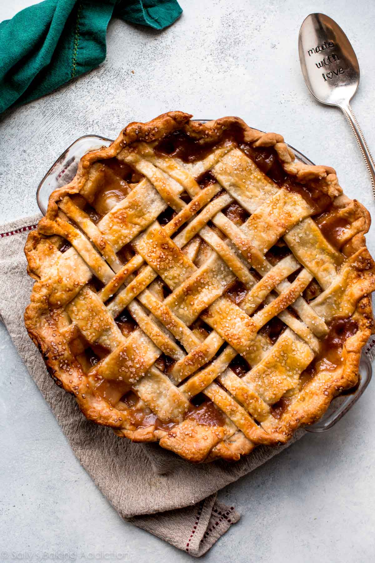 overhead image of caramel pear pie