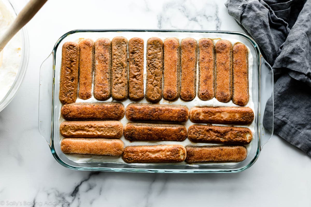 Ladyfingers and mascarpone filling in baking dish