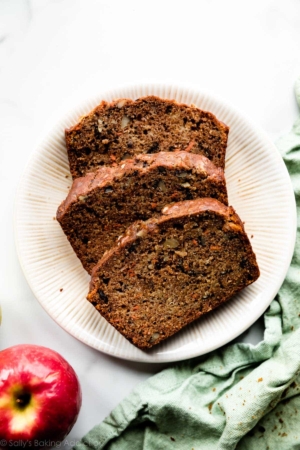 3 slices of harvest spice quick bread on a plate