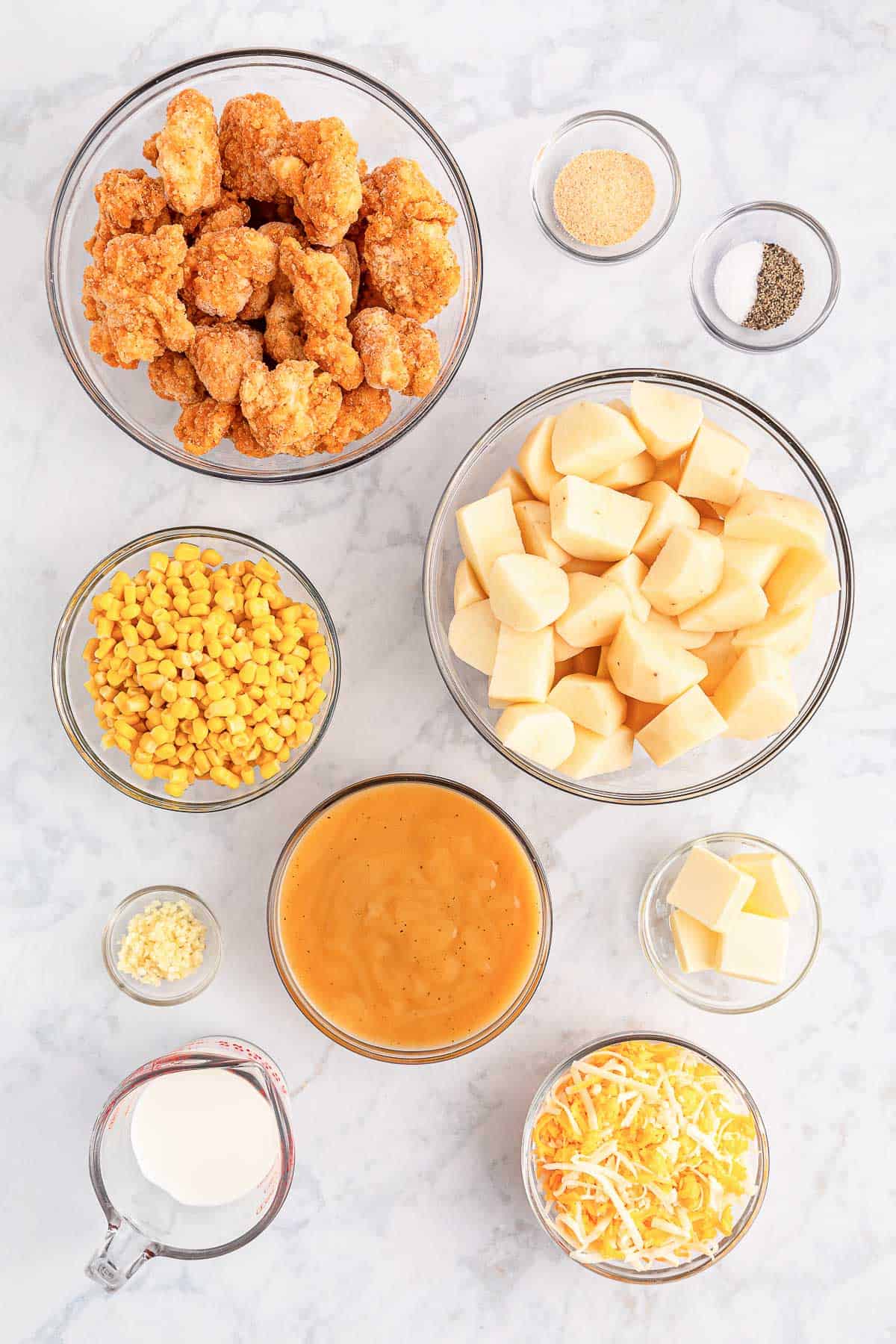 Ingredients needed to make a copycat KFC famous bowl.