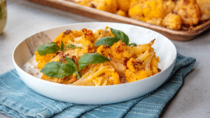 Air Fryer Ginger Turmeric Cauliflower over Yogurt