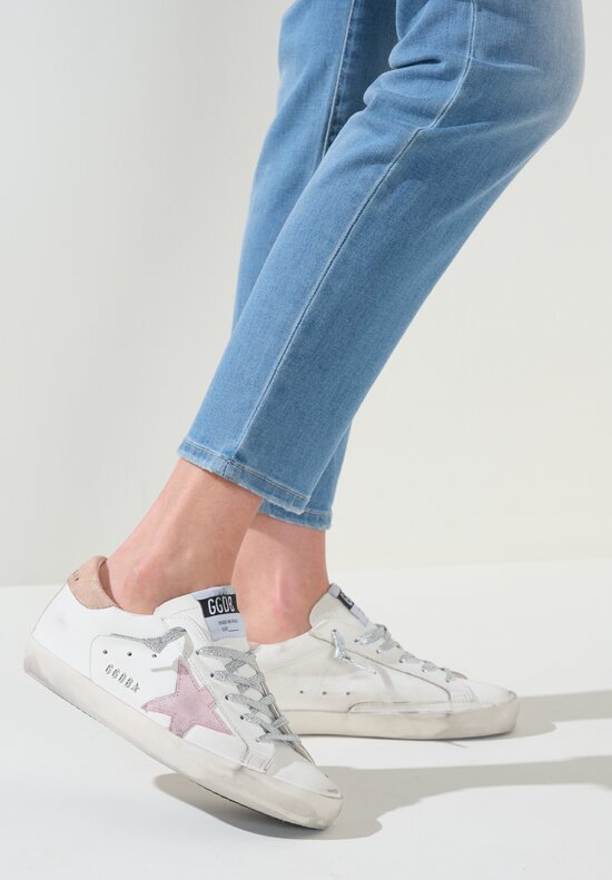 Golden Goose Leather Super Star Sneakers in Optic White & Antique Pink Star