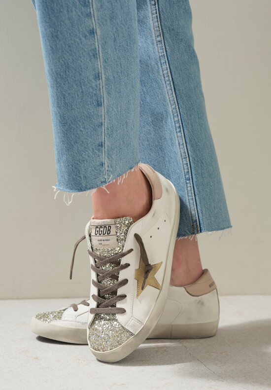 Golden Goose Bio Based Glitter & Suede Super Star Sneakers in White, Platinum Toe & Tan Star	