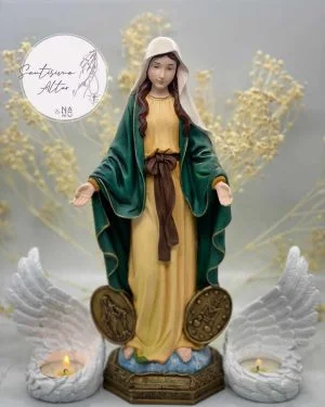 Virgen Medalla Milagrosa 30cm Tradicional Verde