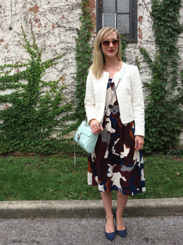 midi dress, collarless jacket, Rebecca Minkoff MAC bag, navy suede pumps