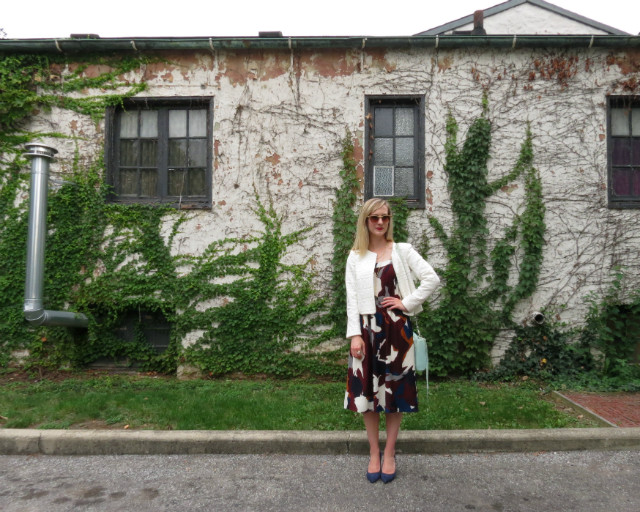 midi dress, collarless jacket, Rebecca Minkoff MAC bag, navy suede pumps