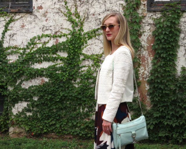 midi dress, collarless jacket, Rebecca Minkoff MAC bag, navy suede pumps