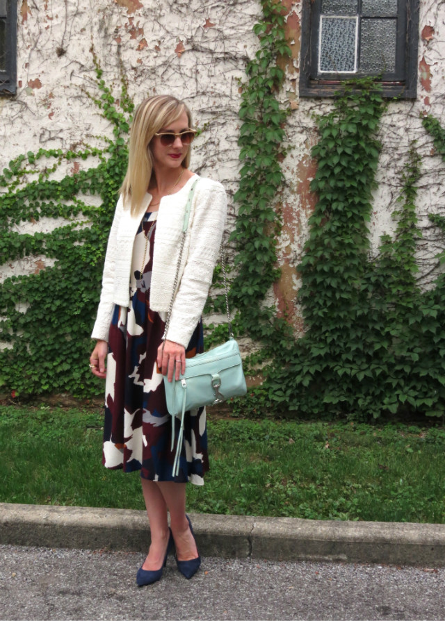 midi dress, collarless jacket, Rebecca Minkoff MAC bag, navy suede pumps