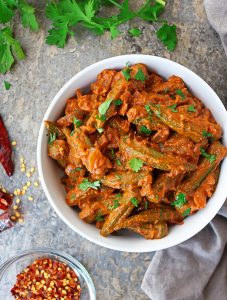 easy vegetarian okra curry with frozen okra - in a bowl.