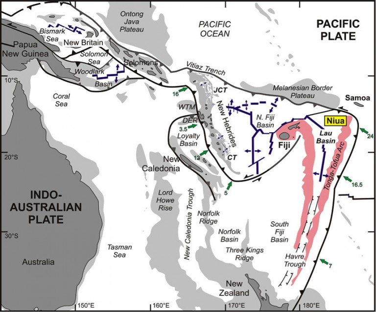 Map of the tectonic elements of the western Pacific margin between the Pacific Plate in the east and the Indo-Austrlaian Plate in the west. The complex microplate mosaic is a product of collision with the Ontong Java and Melanesian Border Plateaus in the Miocene, which caused a reorientation of many of the subduction zones. Green arrows show the direction and rate of subduction in cm/yr. Blue arrows indicate back-arc extension. The Niua Volcanic Complex is located at the “knife edge” of the Indo-Australian Plate and Vitiaz Fracture Zone where it cuts the advancing Pacific Plate. Modified after Ruellan and Lagabirelle (2005).