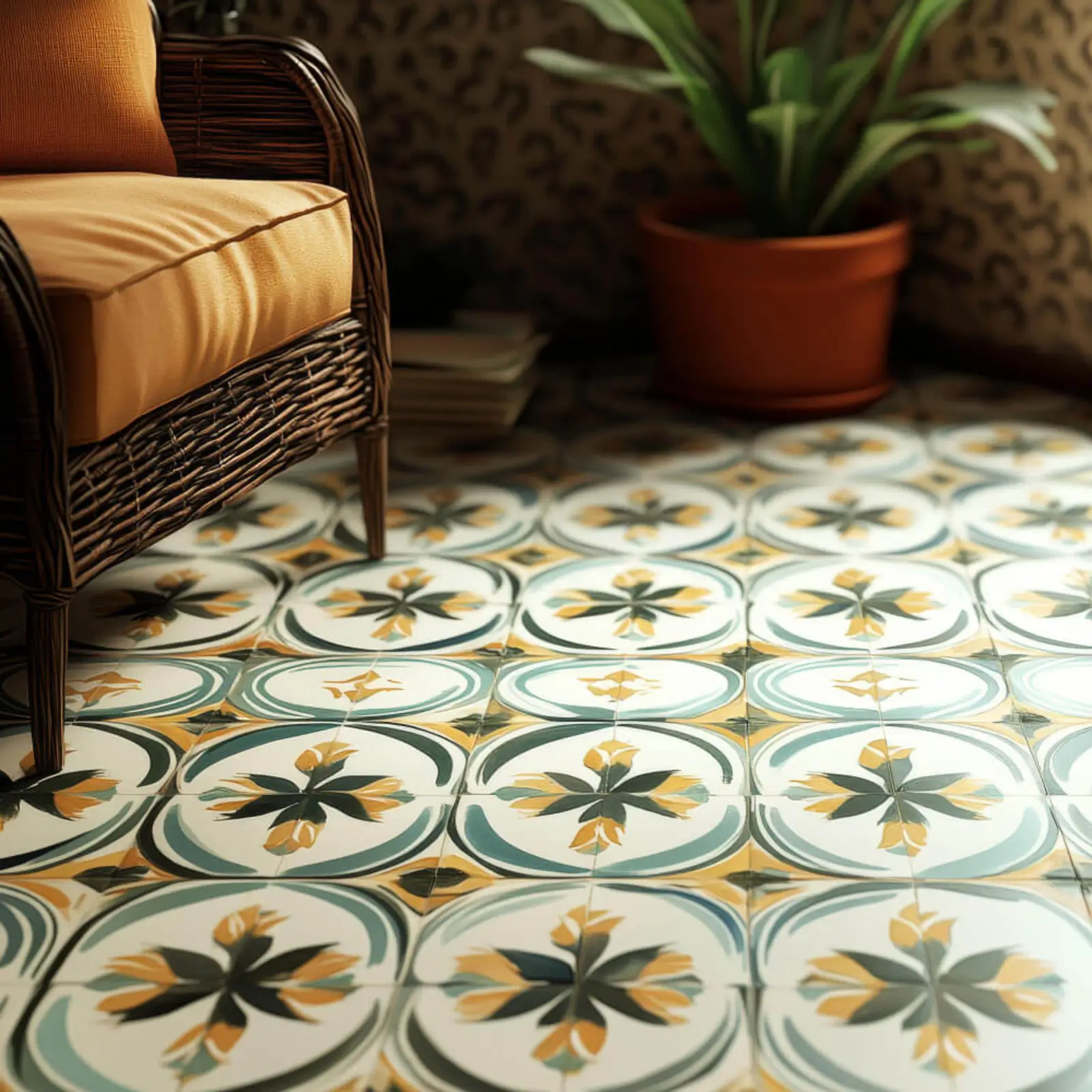 Moroccan tiles in green, orange, and black on a patterned floor at SC HOME. A wicker chair with an orange cushion and a plant in an orange pot complete the scene.