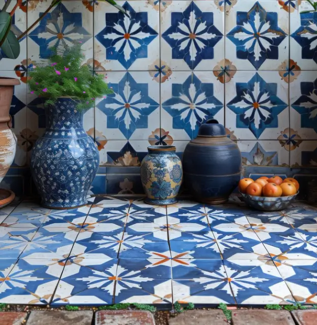 Moroccan Tiles at SC HOME adorn a setting with blue and white tiles, large ceramic vases, a green plant, and small pottery.