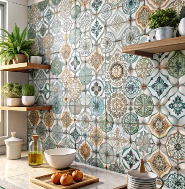 A kitchen with a Moroccan Tiles backsplash, wooden shelves, potted plants, and a marble countertop with tomatoes and olive oil.