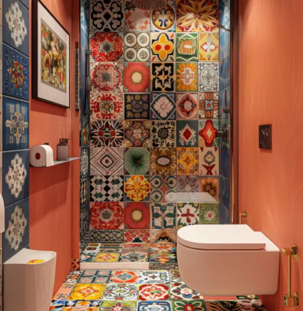 A compact bathroom featuring Moroccan tiles at SC HOME on the shower wall and floor, with warm terracotta walls, a wall-mounted toilet, and art on display