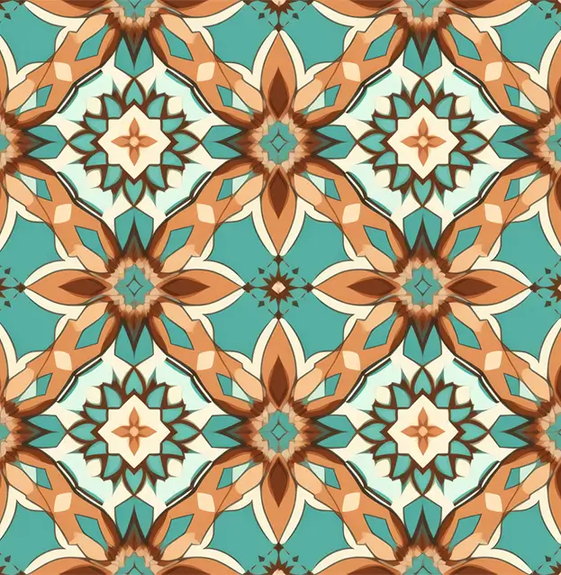 A seamless geometric pattern with interlocking shapes and star-like motifs in earthy tones of brown, beige, and teal, resembling Moroccan tiles. Background in soft teal.