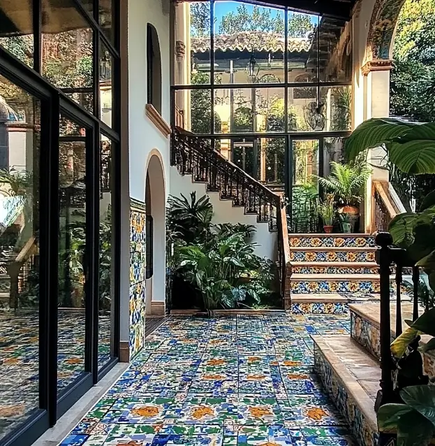 A vibrant courtyard with colorful Moroccan tiles at SC HOME on the flooring and stairs, lush green plants, glass-paneled walls, and ornate iron railings.