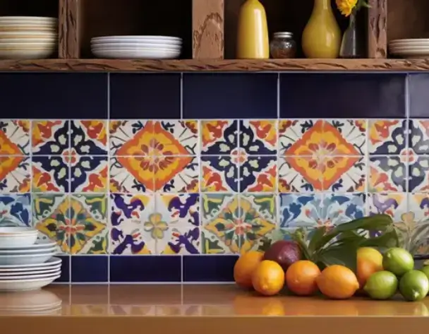 Colorful fruit on a kitchen counter with vibrant Moroccan tiles in blue, yellow, orange, and green. Open shelves above hold dishes and yellow bottles. Bright, inviting setting. Moroccan Tiles at SC HOME.