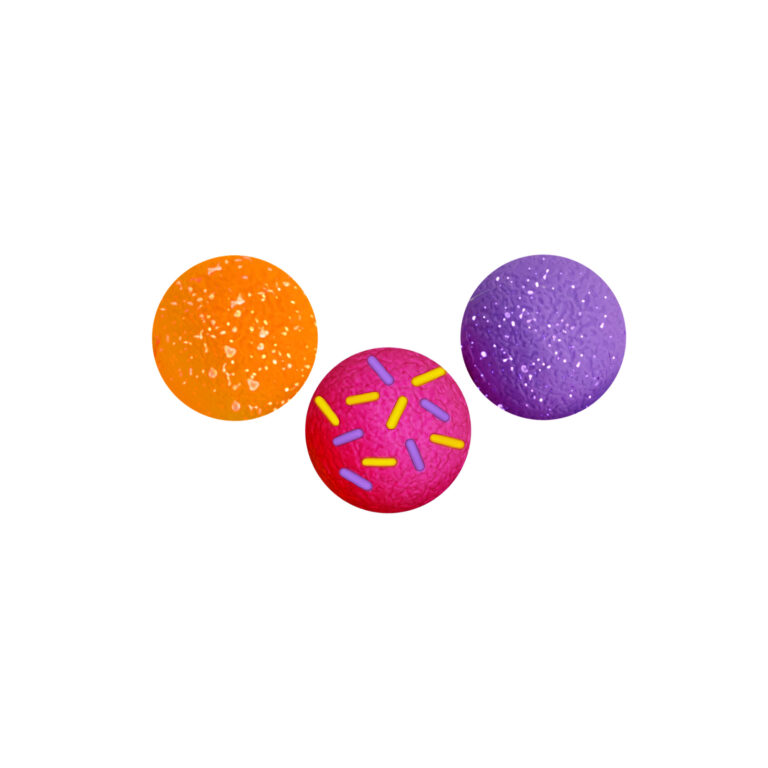 Three colorful sensory balls arranged in a triangular pattern against a white background. The left ball is orange with white sprinkles, the middle ball is pink with yellow and purple sprinkles, and the right ball is purple with white sprinkles.