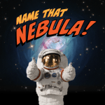 An astronaut stands in front of a background of a nebula against a deep field of galaxies. The words "Name That Nebula" hovers above.