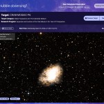 Screenshot of the "What is Hubble Observing" tool window. Black background with stars filling the window. Text indicating the target. A bright patch in the center of the window is the Crab Nebula. It appears as a jagged-edged bright cloud.