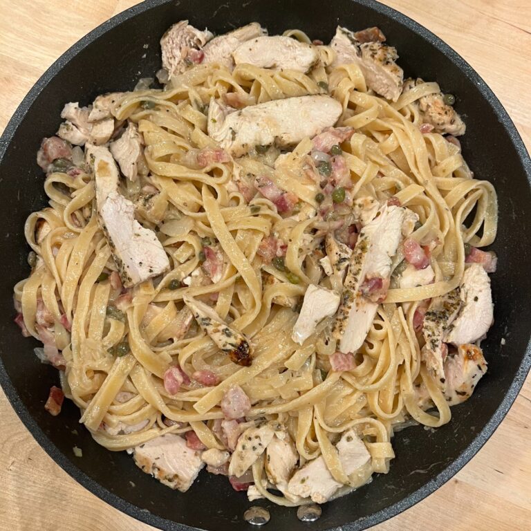 Lemon-Caper Chicken Alfredo with Bacon and Onions