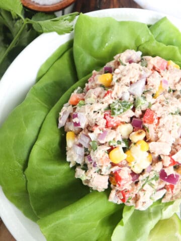 finished tuna salad scoop on lettuce.