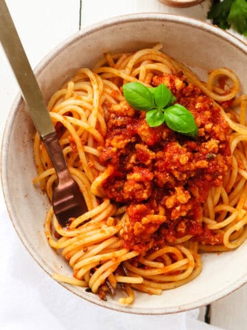 ground chicken spaghetti dish in a bowl garnished with basil and a fork.