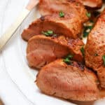 up close of sliced pork tenderloin.