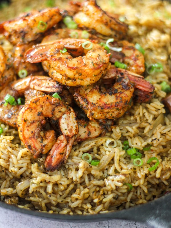 Cajun Shrimp & Rice in cast iron skillet