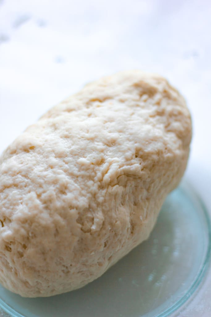 dough for dumpling in glass bowl.