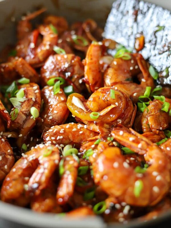 close up view of sweet chili shrimp in a pan