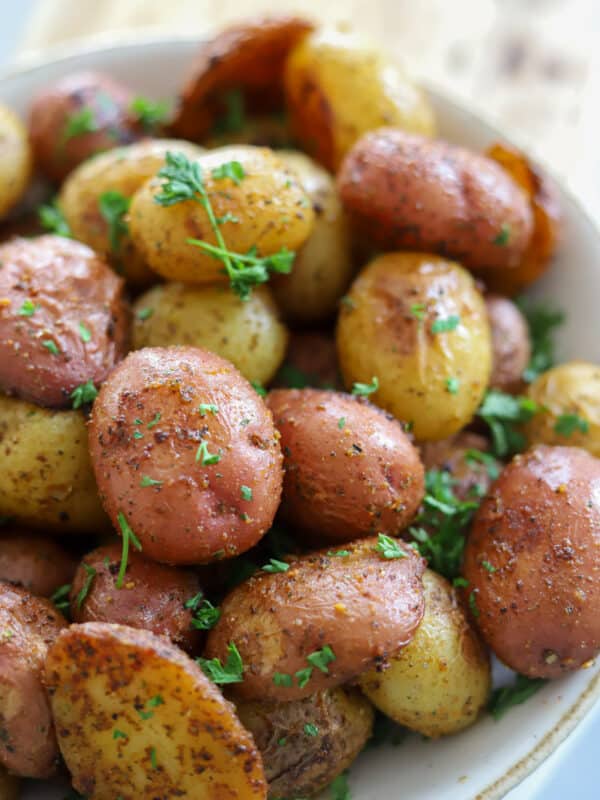 close up view of roasted baby potatoes in a bowl