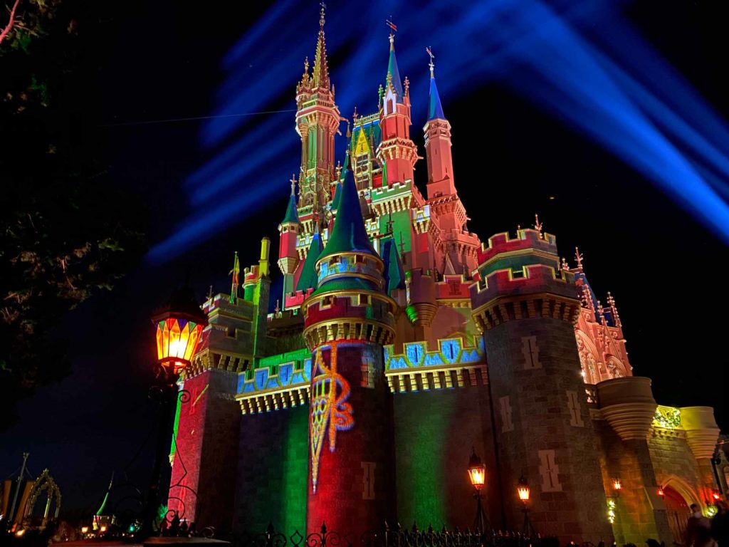 Cinderella's Castle decorated for a Disney World Christmas