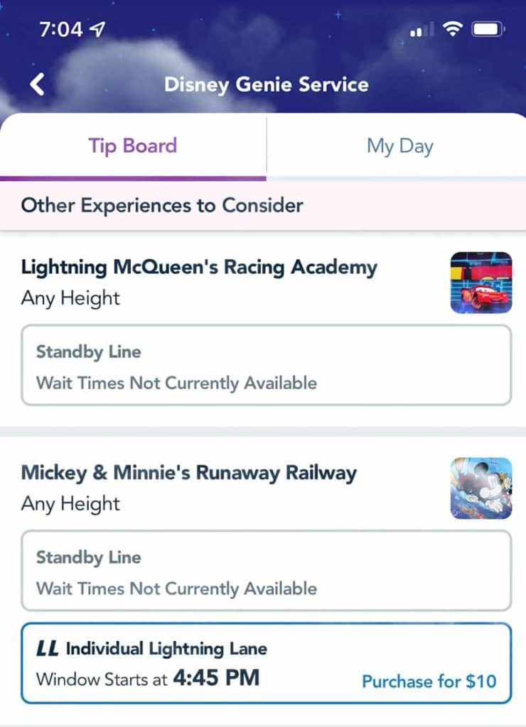 Screenshot of the Disney World Individual Lightning Lane booking screen