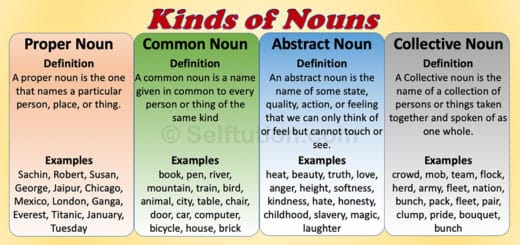 Four kinds of nouns, proper, abstract, common, collective with definition and examples