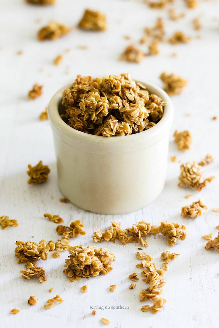 Picture of a small crock filled with homemade granola.