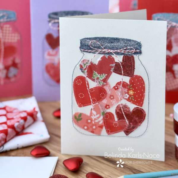 Scrap Fabric Jar Of Hearts Valentine Card