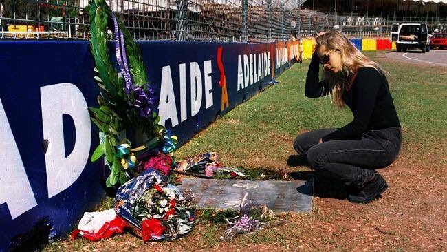 Ayrton Senna's partner Adriane Galisteu visits the Senna Chicane Memorial at the 1994 Adelaide Grand Prix.