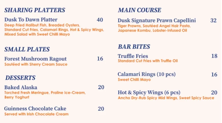 DUSK RESTAURANT & BAR SINGAPORE MENU PRICES Updated Apr 2024