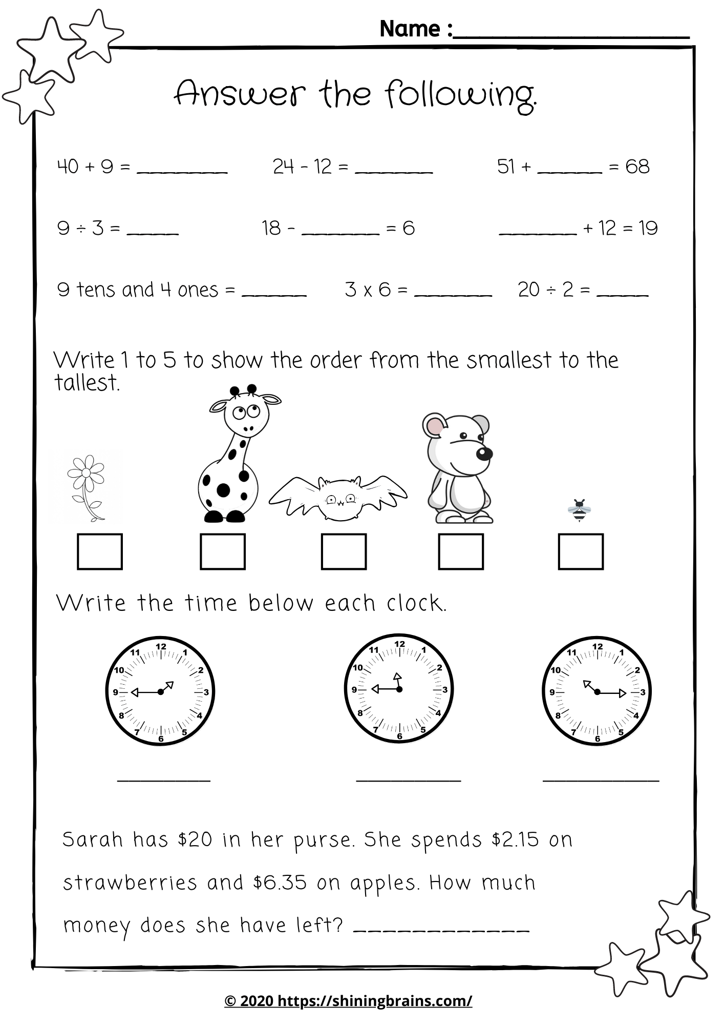 Math Worksheets 4 Kids Answer Keys